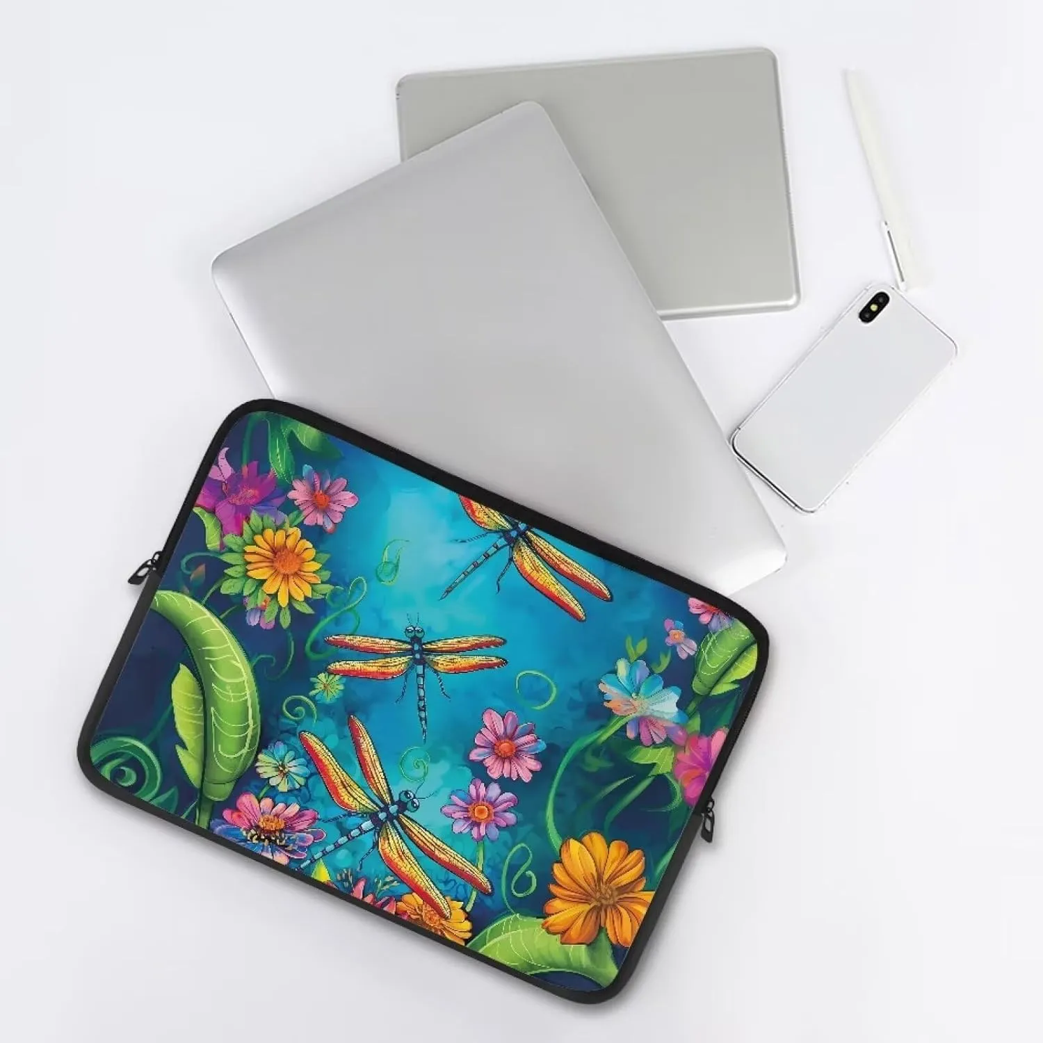 Cartoon Dragonfly Printed Computer Bags for Laptops for Women Men, Easy to Carry Laptop Case Bag 10 Inch Flower Leaves Printed Laptop Briefcase Lightweight Computer Carrying Covers, Blue