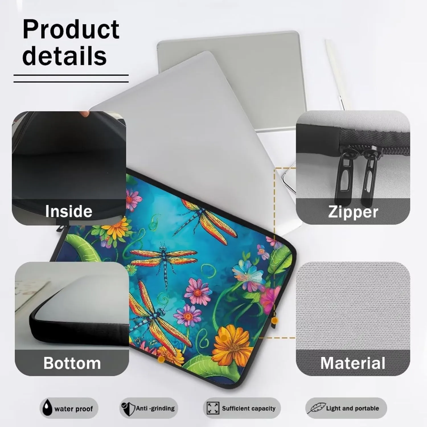 Cartoon Dragonfly Printed Computer Bags for Laptops for Women Men, Easy to Carry Laptop Case Bag 10 Inch Flower Leaves Printed Laptop Briefcase Lightweight Computer Carrying Covers, Blue