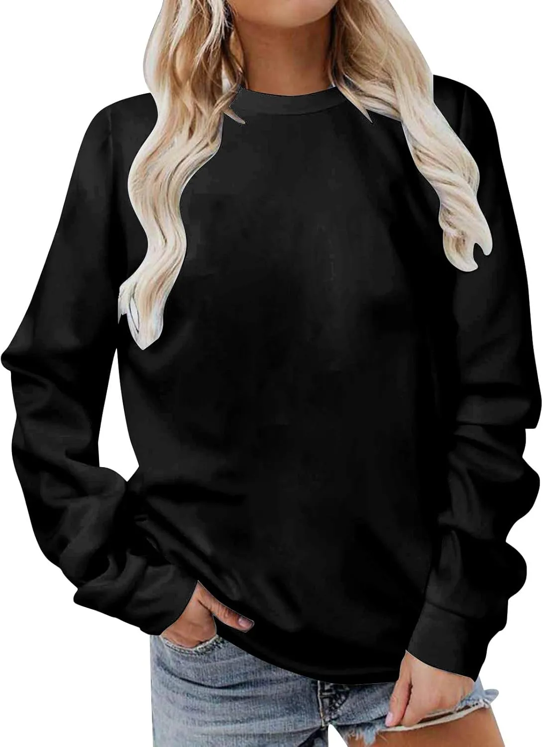 Casual Crewneck Sweatshirt for Women 2025 Spring Fall Tops Plain Color Long Sleeve Sweater Fuzzy Shirts