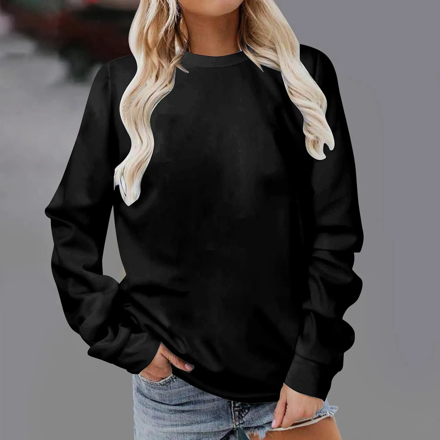 Casual Crewneck Sweatshirt for Women 2025 Spring Fall Tops Plain Color Long Sleeve Sweater Fuzzy Shirts