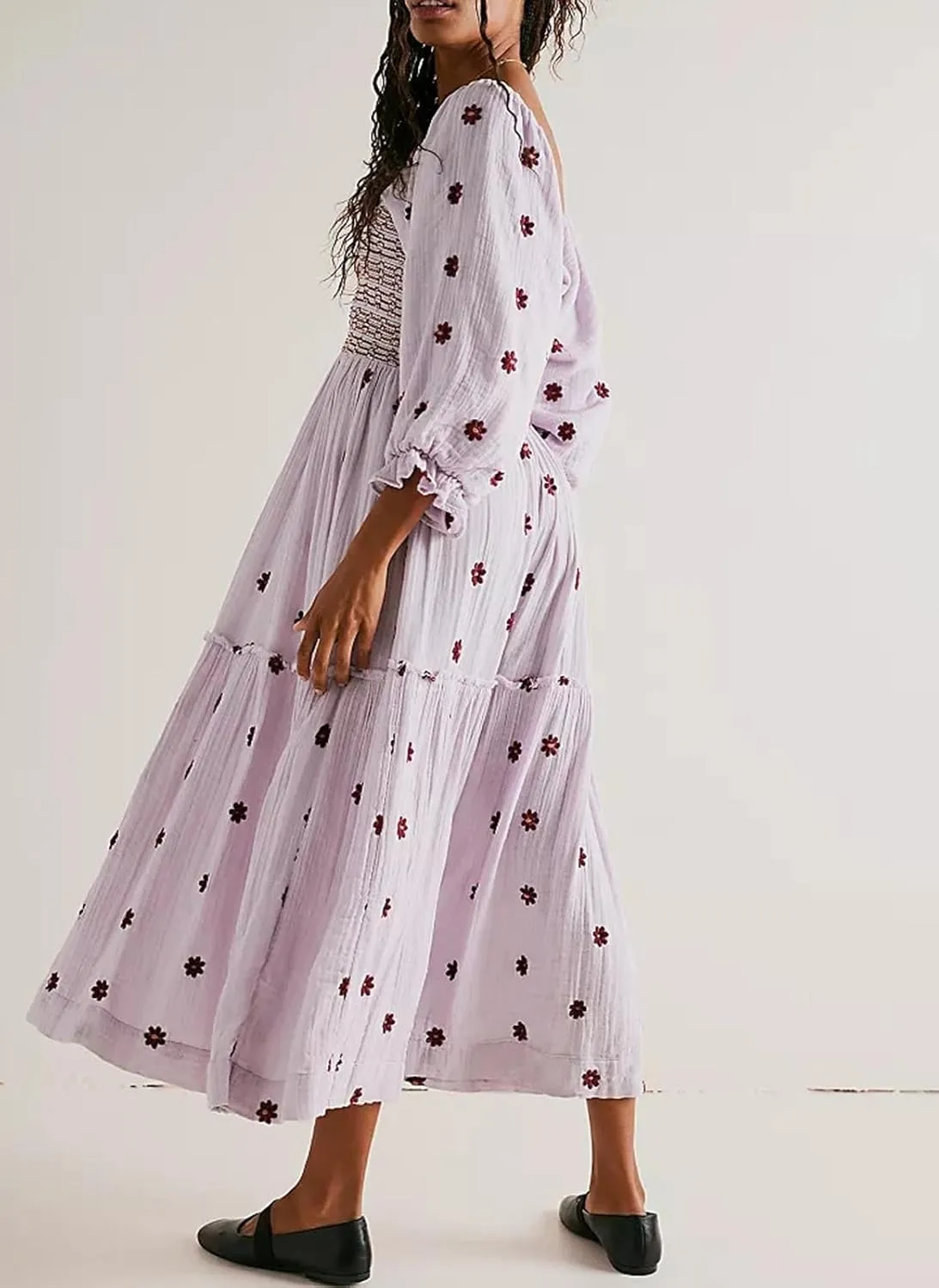 Casual Women's Floral Embroidered Maxi Dress Puff Sleeve Square Neck Tiered Flowy A-Line Dress