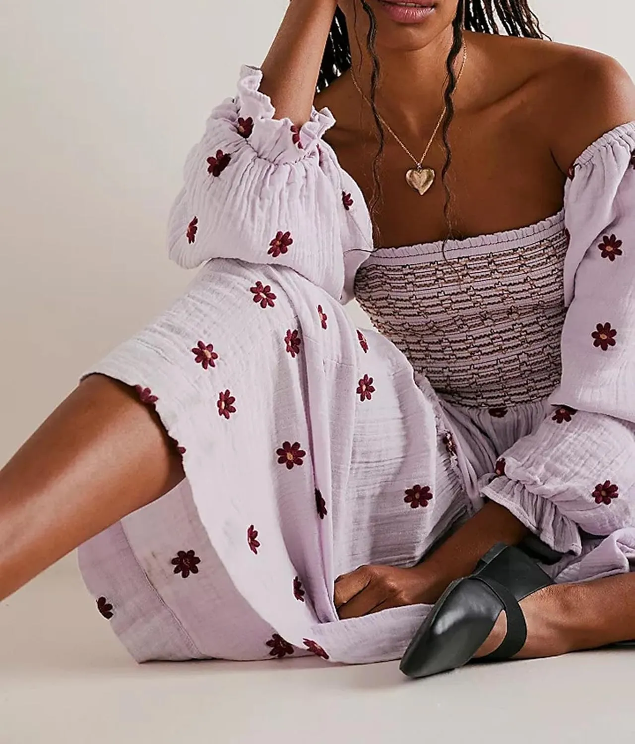 Casual Women's Floral Embroidered Maxi Dress Puff Sleeve Square Neck Tiered Flowy A-Line Dress