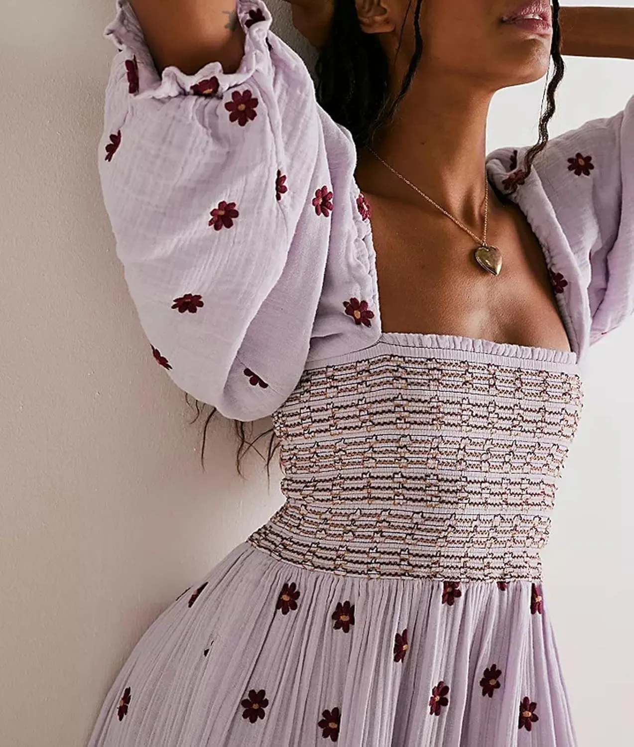 Casual Women's Floral Embroidered Maxi Dress Puff Sleeve Square Neck Tiered Flowy A-Line Dress