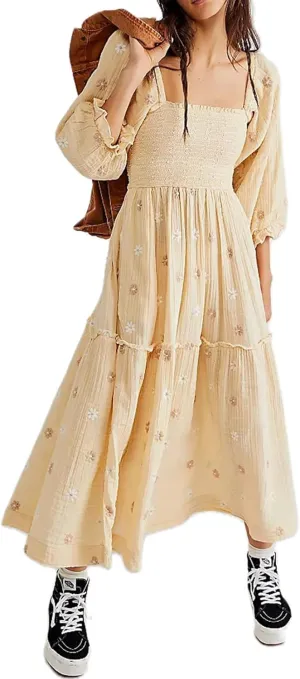 Casual Women's Floral Embroidered Maxi Dress Puff Sleeve Square Neck Tiered Flowy A-Line Dress