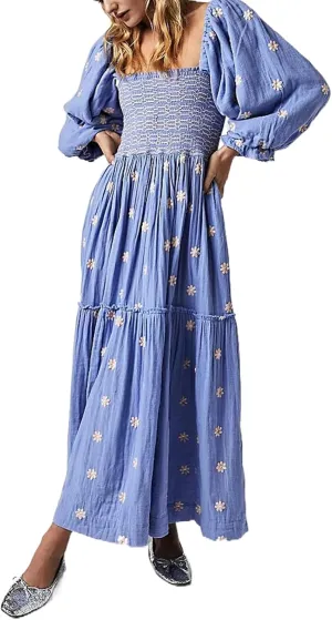 Casual Women's Floral Embroidered Maxi Dress Puff Sleeve Square Neck Tiered Flowy A-Line Dress