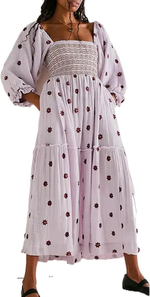 Casual Women's Floral Embroidered Maxi Dress Puff Sleeve Square Neck Tiered Flowy A-Line Dress