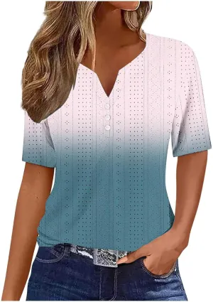 Ceboyel Women Gradient Color Summer Shirts Dressy Causal Eyelet Tops 2024 Henley Blouses Tunic Trendy Vacation Clothing