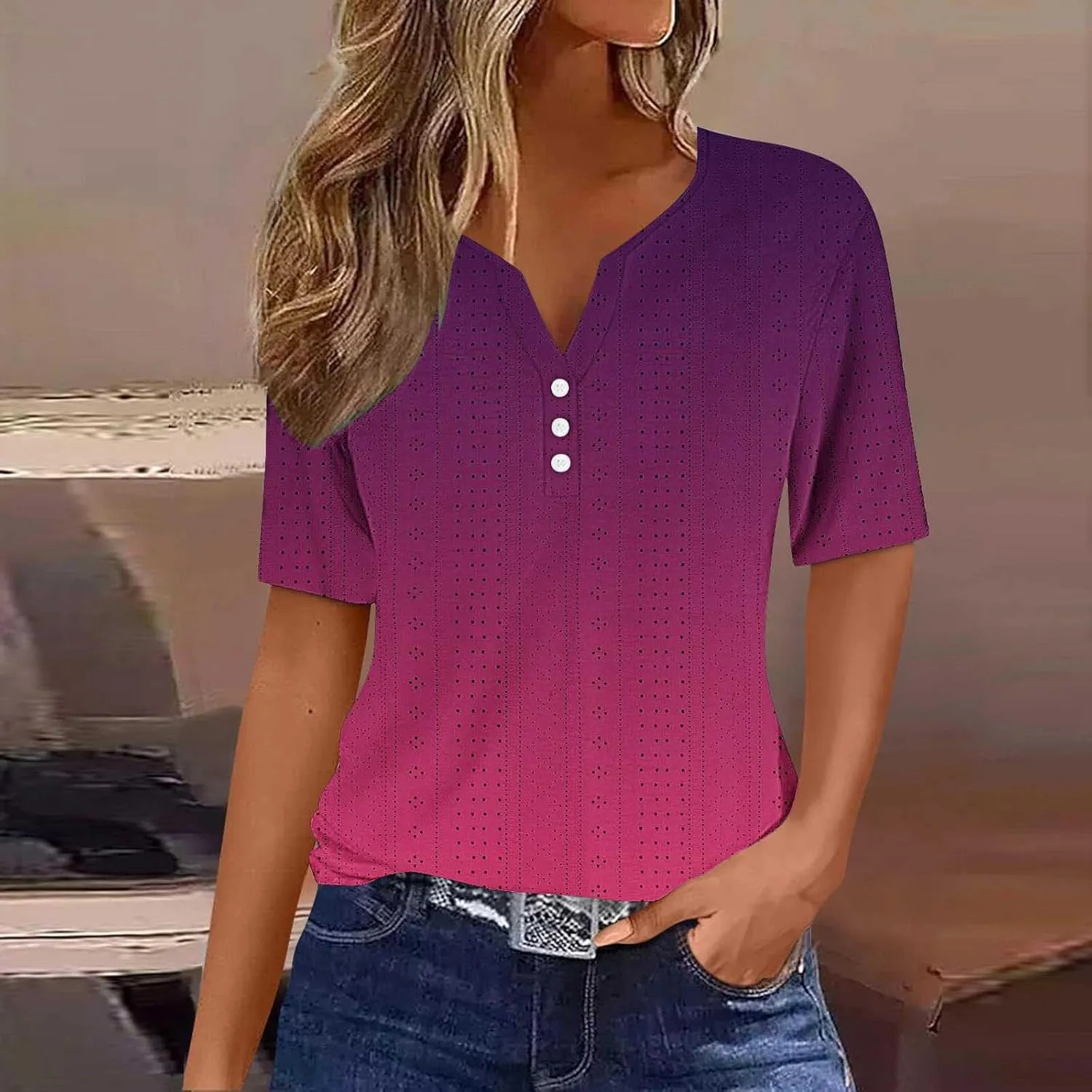Ceboyel Women Gradient Color Summer Shirts Dressy Causal Eyelet Tops 2024 Henley Blouses Tunic Trendy Vacation Clothing