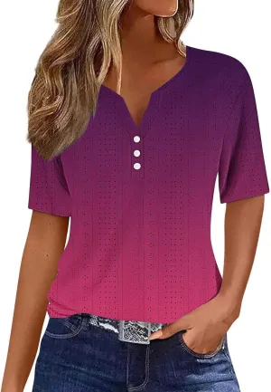 Ceboyel Women Gradient Color Summer Shirts Dressy Causal Eyelet Tops 2024 Henley Blouses Tunic Trendy Vacation Clothing