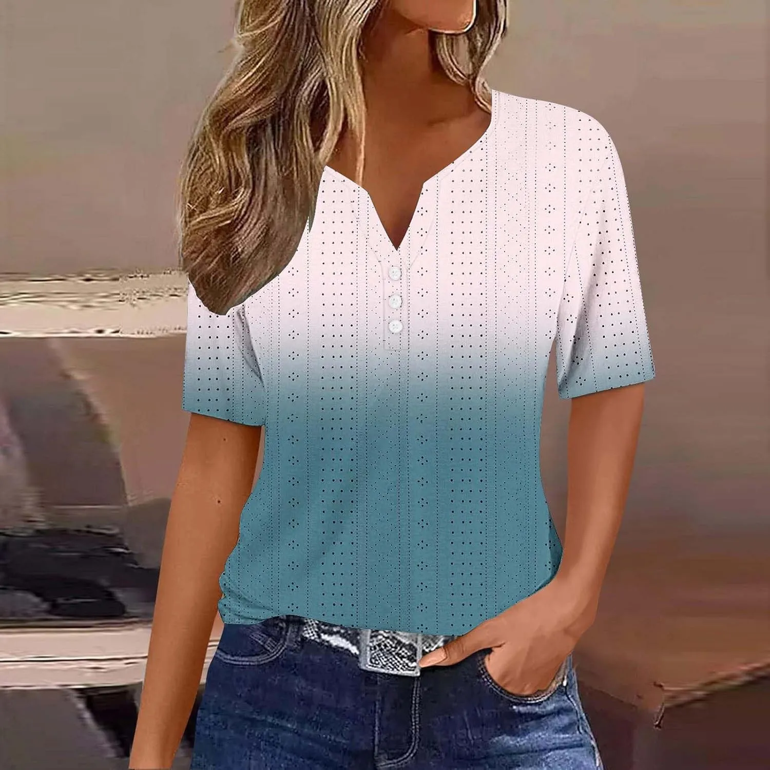 Ceboyel Women Gradient Color Summer Shirts Dressy Causal Eyelet Tops 2024 Henley Blouses Tunic Trendy Vacation Clothing