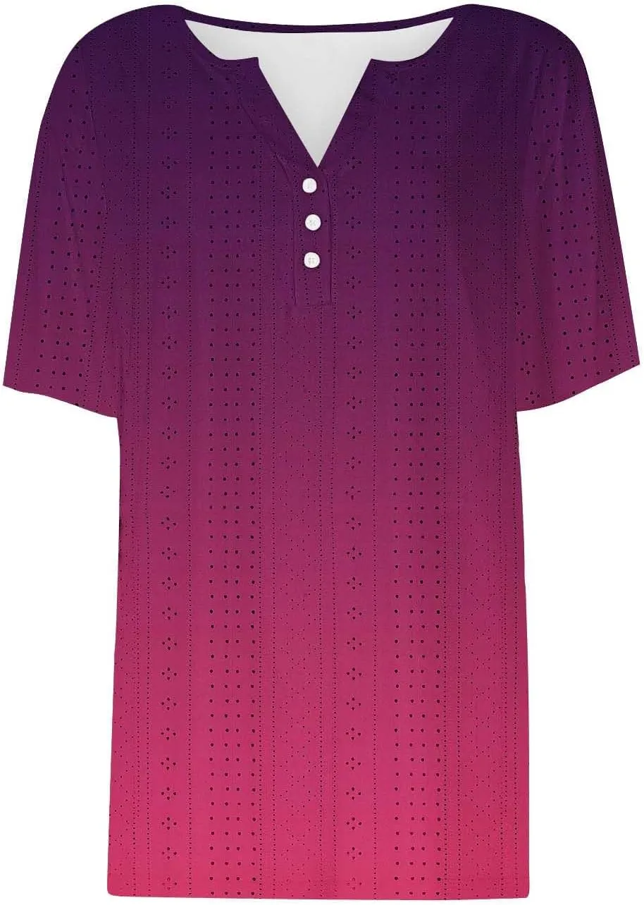Ceboyel Women Gradient Color Summer Shirts Dressy Causal Eyelet Tops 2024 Henley Blouses Tunic Trendy Vacation Clothing