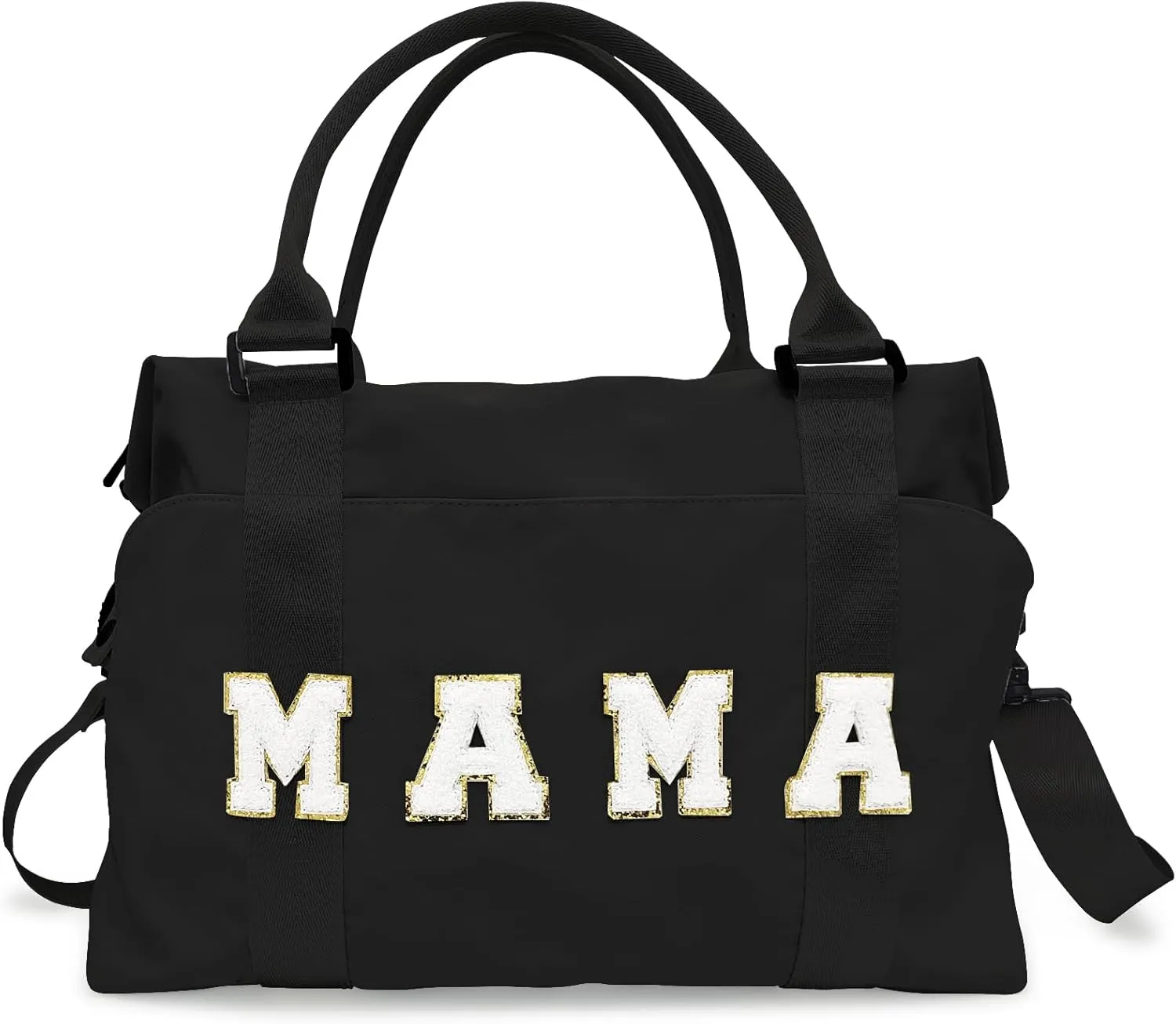 Chenille Letter Duffle Bag, Mama Bag With Patches, Nylon Chenille Letter Embroidered Travel Bag, Lightweight Adjustable Mom Hospital Bag With Zipper for Mothers Day Gifts (Black)