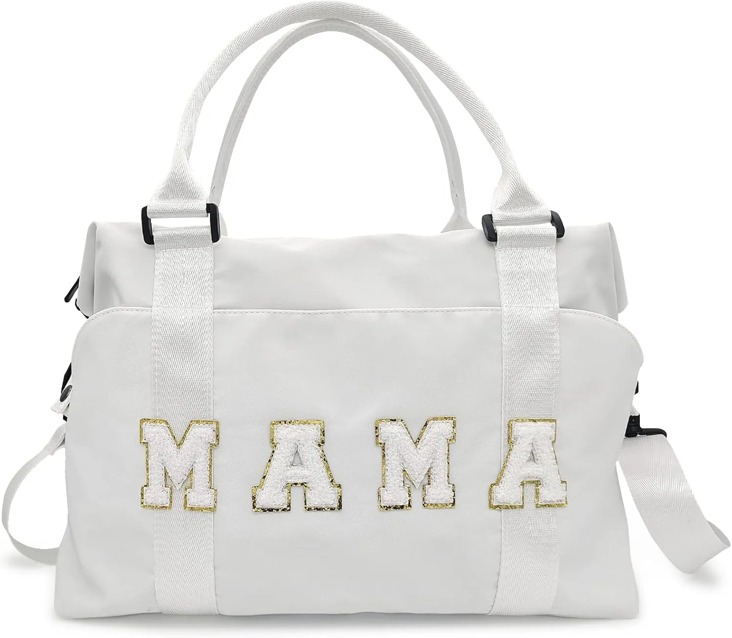 Chenille Letter Duffle Bag, Mama Bag With Patches, Nylon Chenille Letter Embroidered Travel Bag, Lightweight Adjustable Mom Hospital Bag With Zipper for Mothers Day Gifts