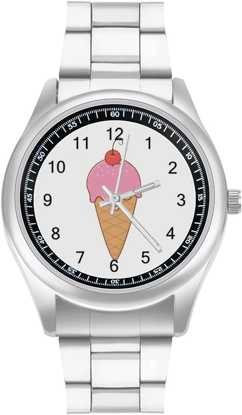 Cherry Ice Cream Stainless Steel Strap Simple Business Watches for Men Easy Reader Work Casual Watch