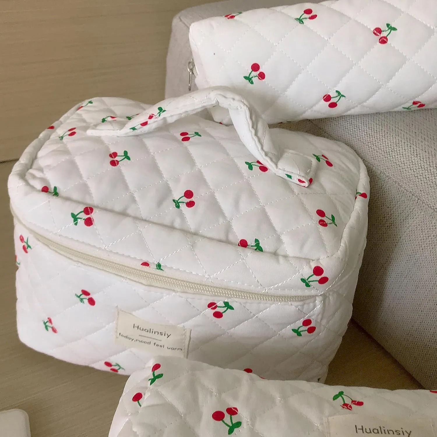 Cherry Makeup Bag Set  3 PCS Cute Cherry Bag Set, Travel Toiletry Organizer quilted Bags Large Coquette Aesthetic Make Up Cosmetic Bag For Women (white-cherry)