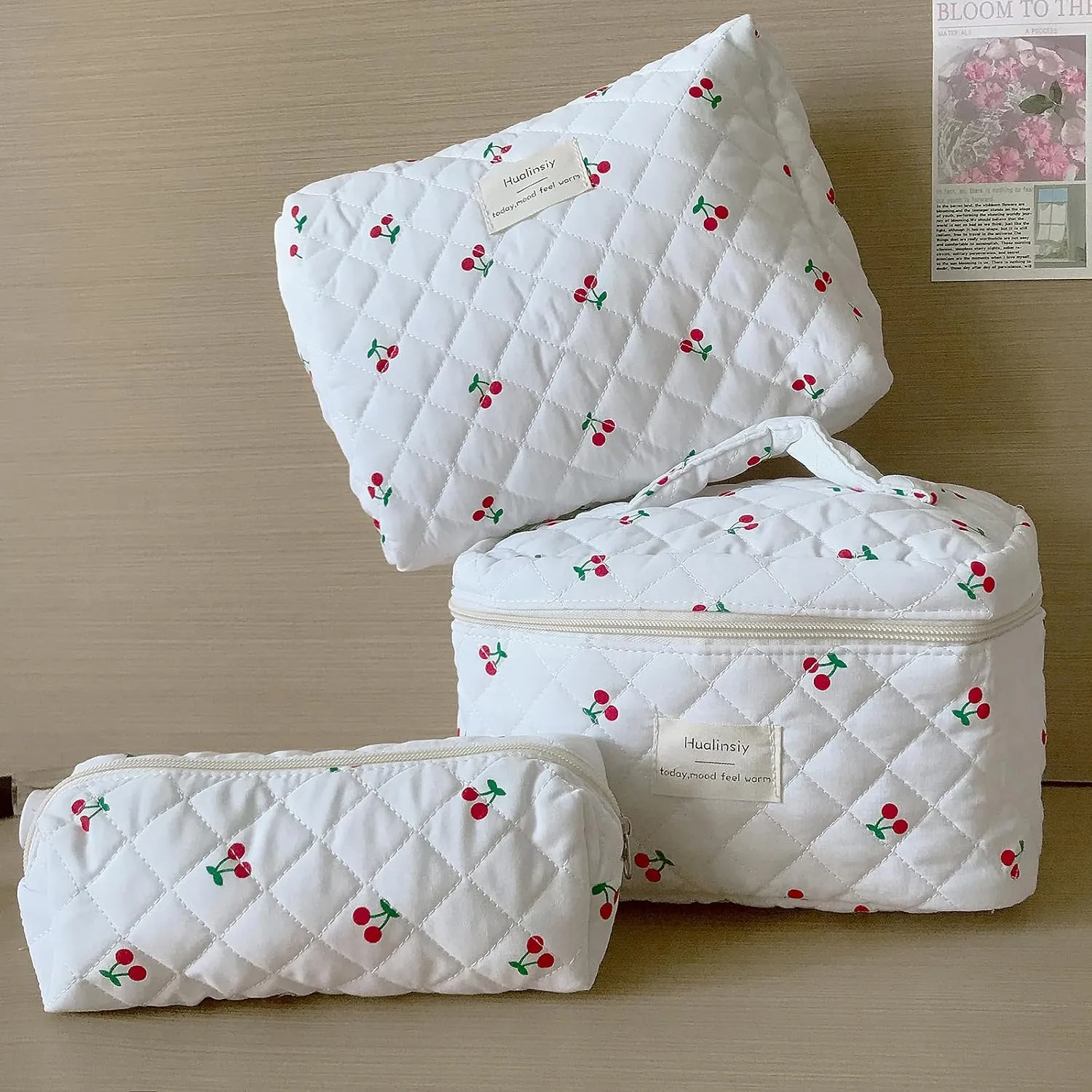 Cherry Makeup Bag Set  3 PCS Cute Cherry Bag Set, Travel Toiletry Organizer quilted Bags Large Coquette Aesthetic Make Up Cosmetic Bag For Women (white-cherry)