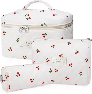 Cherry Makeup Bag Set  3 PCS Cute Cherry Bag Set, Travel Toiletry Organizer quilted Bags Large Coquette Aesthetic Make Up Cosmetic Bag For Women (white-cherry)