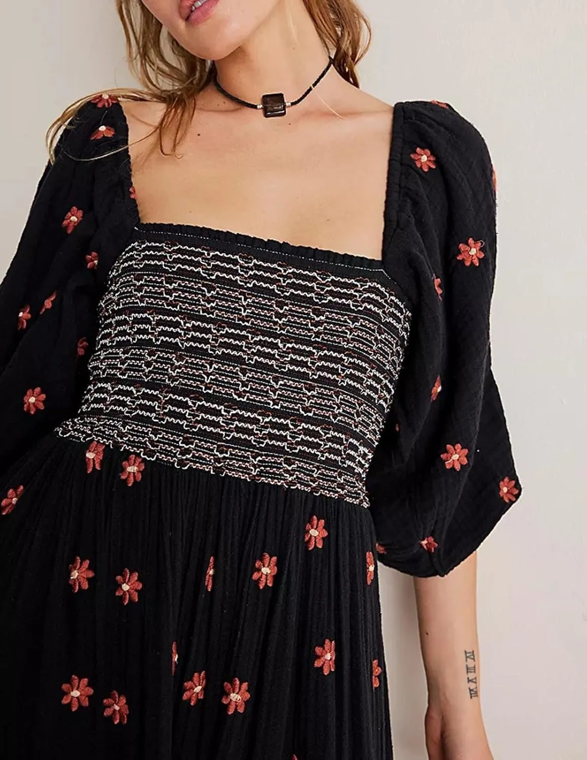 Chloefairy Women's Flower Embroidered Maxi Dress Lantern Sleeve Square Neck Tiered Flowy Spring Fall Dress