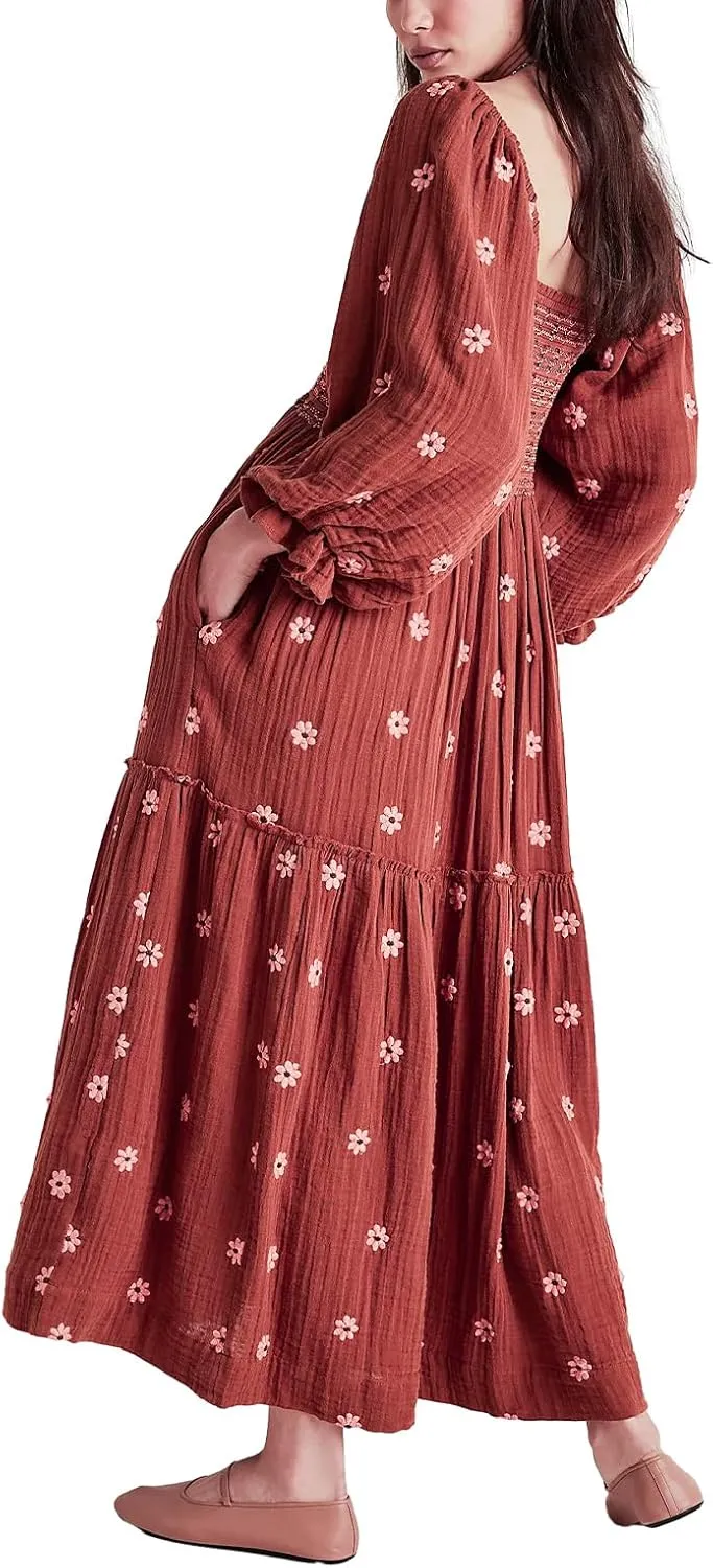 Chloefairy Women's Flower Embroidered Maxi Dress Lantern Sleeve Square Neck Tiered Flowy Spring Fall Dress