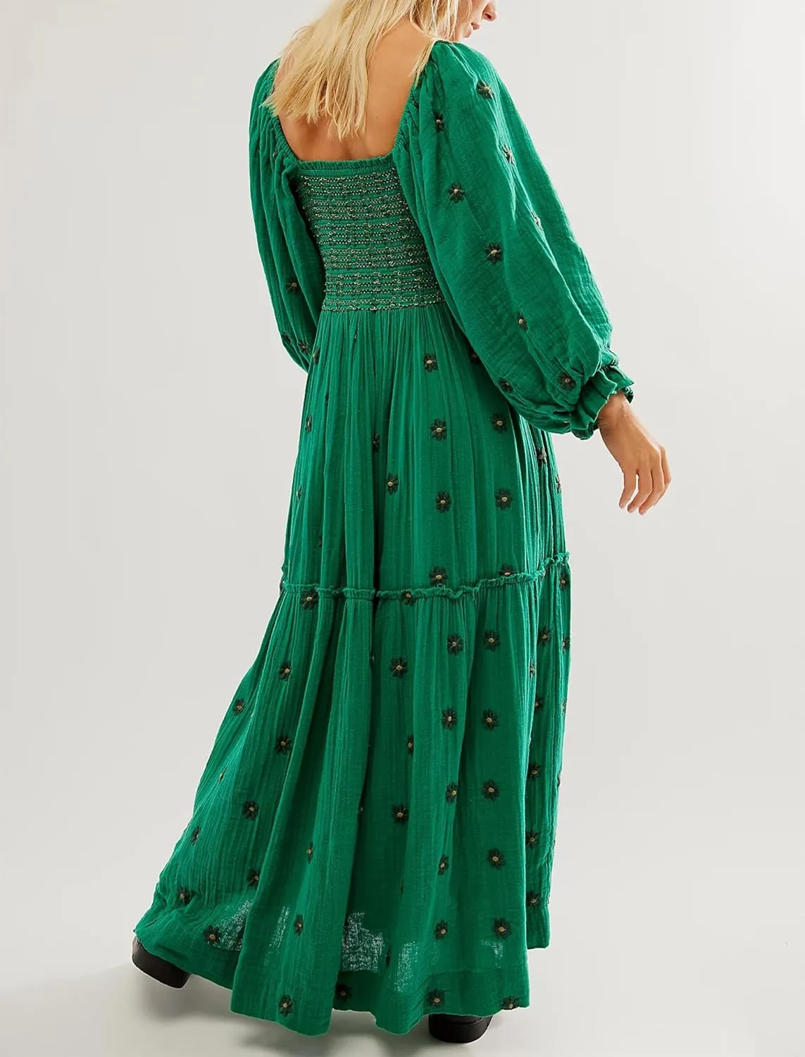 Chloefairy Women's Flower Embroidered Maxi Dress Lantern Sleeve Square Neck Tiered Flowy Spring Fall Dress