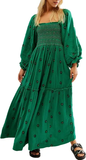 Chloefairy Women's Flower Embroidered Maxi Dress Lantern Sleeve Square Neck Tiered Flowy Spring Fall Dress