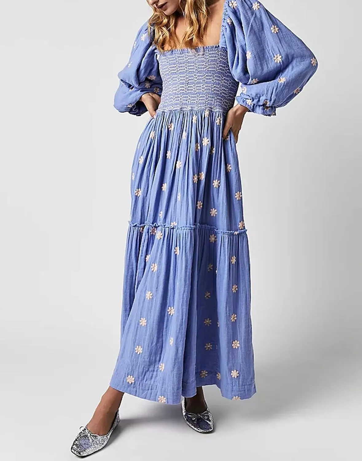 Chloefairy Women's Flower Embroidered Maxi Dress Lantern Sleeve Square Neck Tiered Flowy Spring Fall Dress