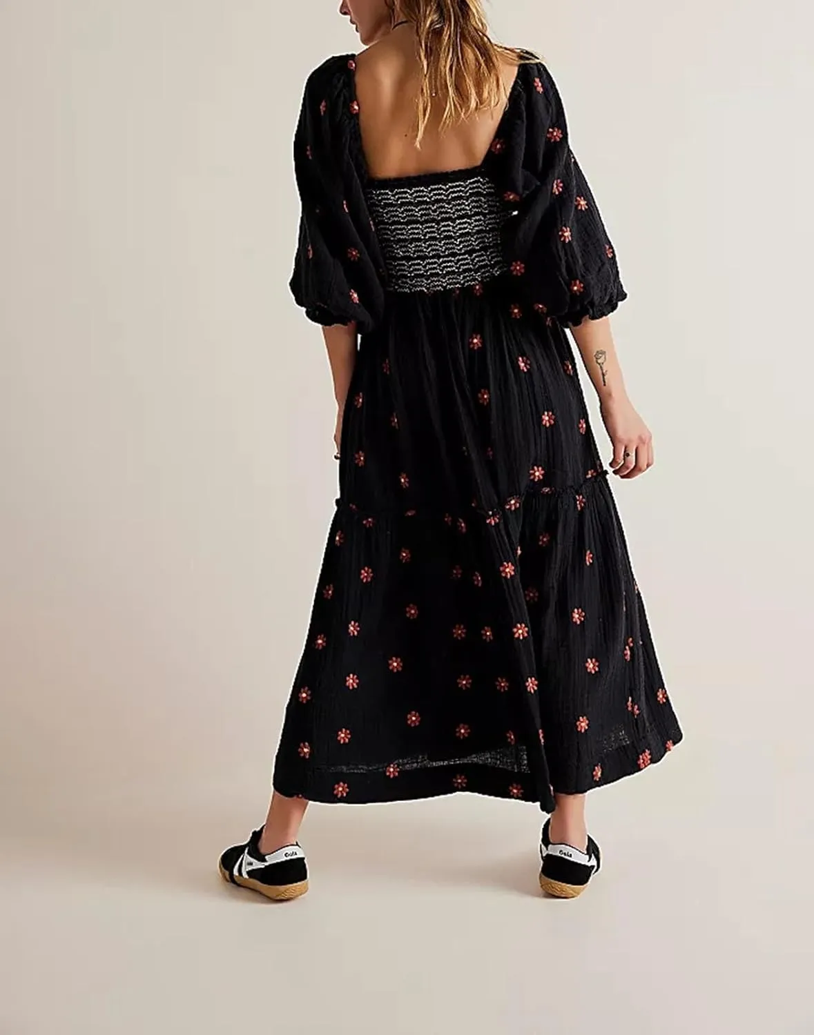 Chloefairy Women's Flower Embroidered Maxi Dress Lantern Sleeve Square Neck Tiered Flowy Spring Fall Dress