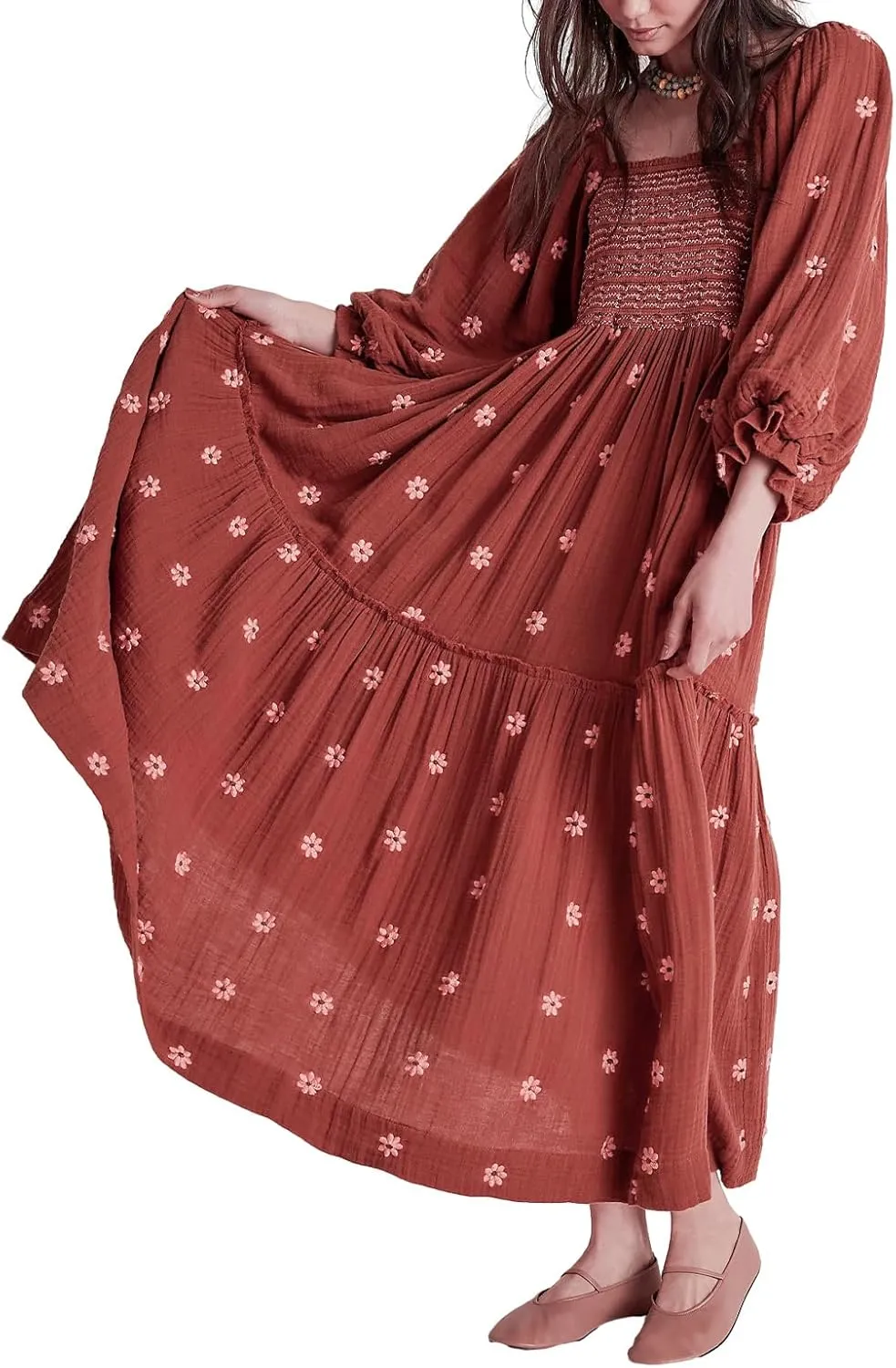 Chloefairy Women's Flower Embroidered Maxi Dress Lantern Sleeve Square Neck Tiered Flowy Spring Fall Dress