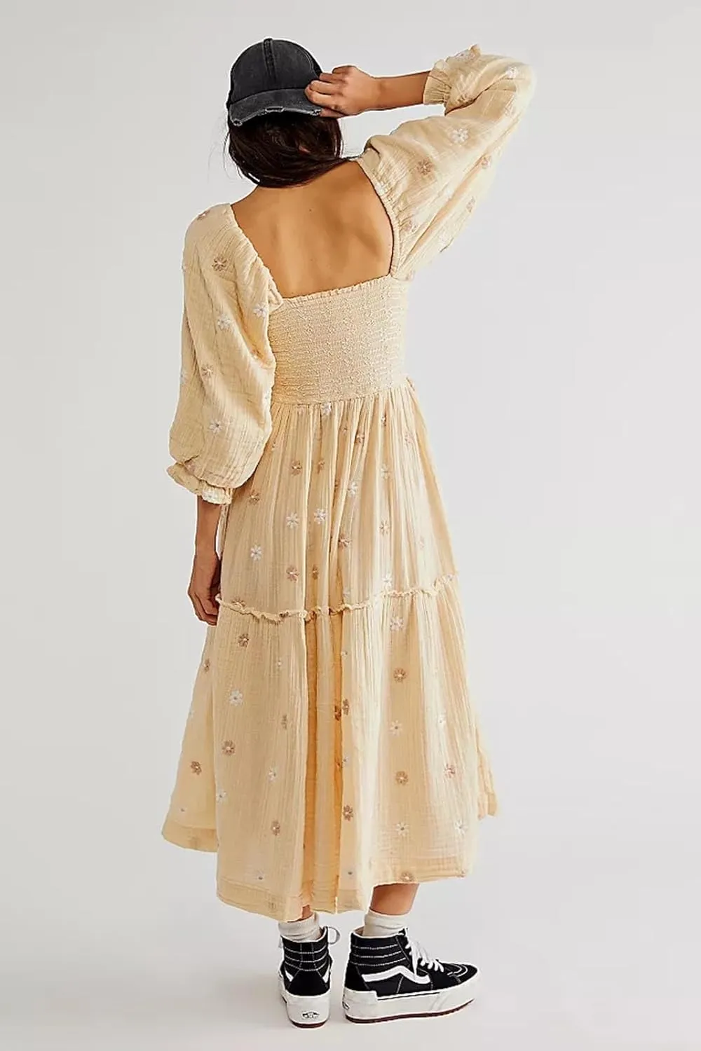 Chloefairy Women's Flower Embroidered Maxi Dress Lantern Sleeve Square Neck Tiered Flowy Spring Fall Dress