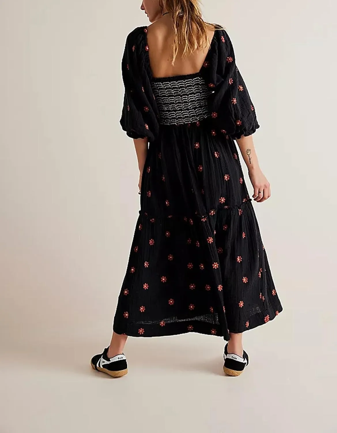 Chloefairy Women's Flower Embroidered Maxi Dress Lantern Sleeve Square Neck Tiered Flowy Spring Fall Dress
