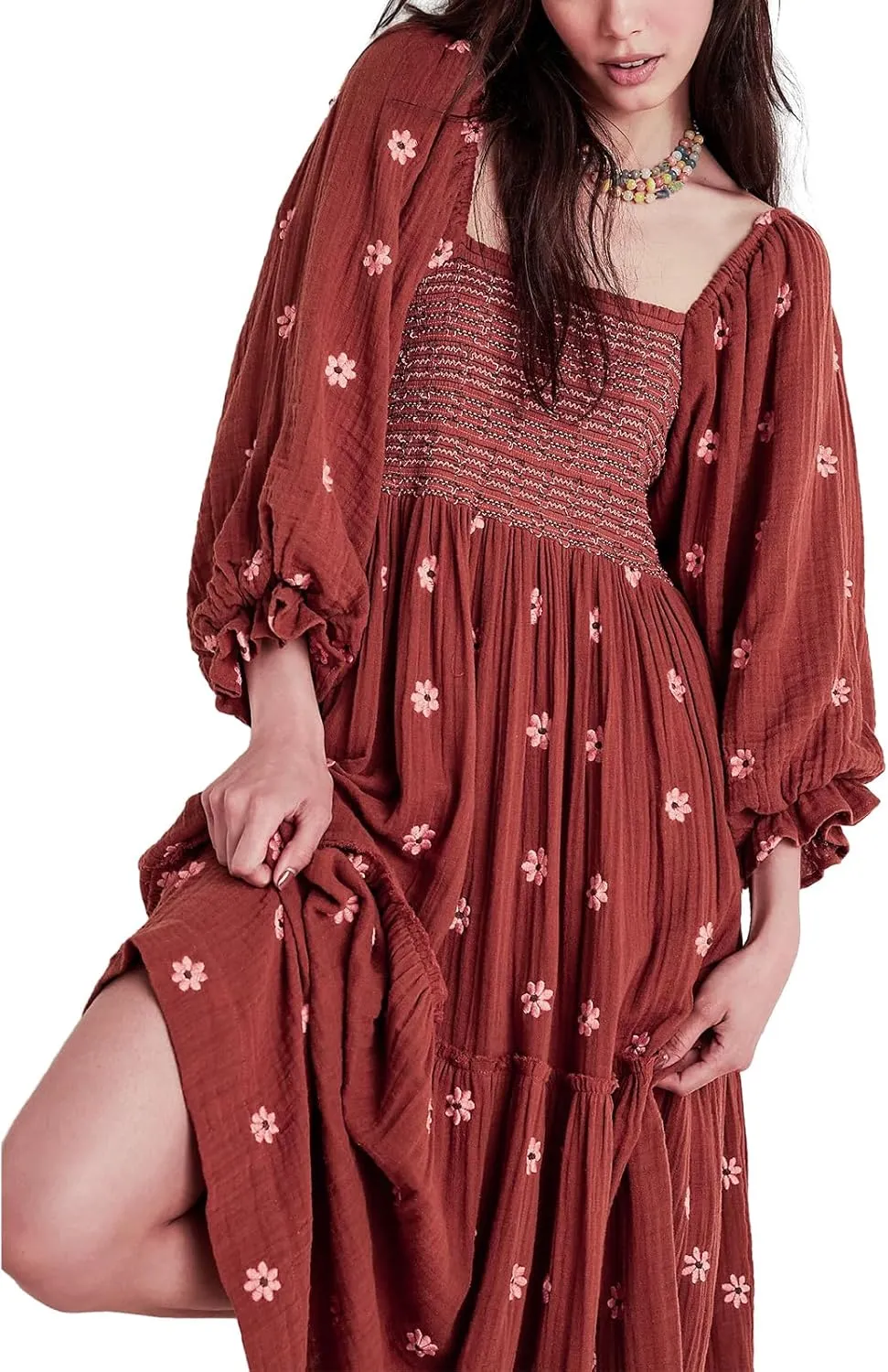 Chloefairy Women's Flower Embroidered Maxi Dress Lantern Sleeve Square Neck Tiered Flowy Spring Fall Dress