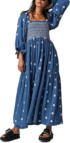 Chloefairy Women's Flower Embroidered Maxi Dress Lantern Sleeve Square Neck Tiered Flowy Spring Fall Dress