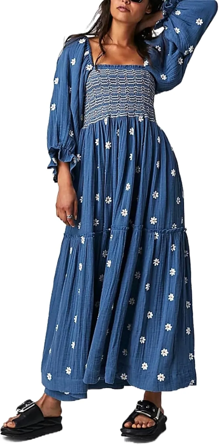 Chloefairy Women's Flower Embroidered Maxi Dress Lantern Sleeve Square Neck Tiered Flowy Spring Fall Dress