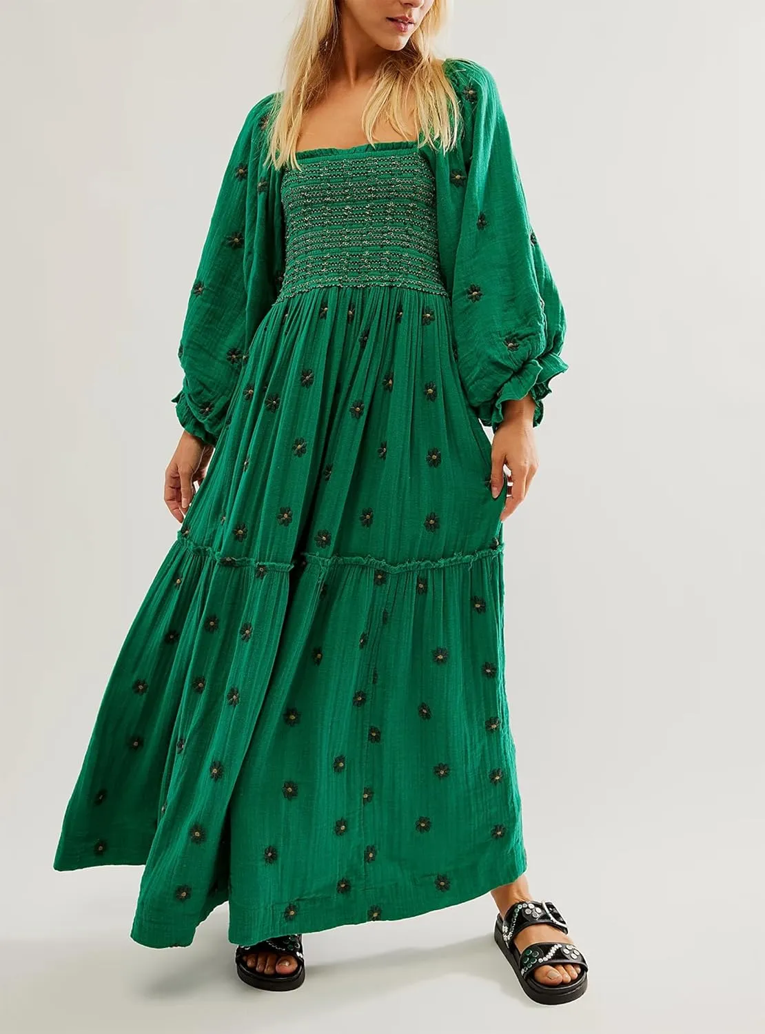 Chloefairy Women's Flower Embroidered Maxi Dress Lantern Sleeve Square Neck Tiered Flowy Spring Fall Dress