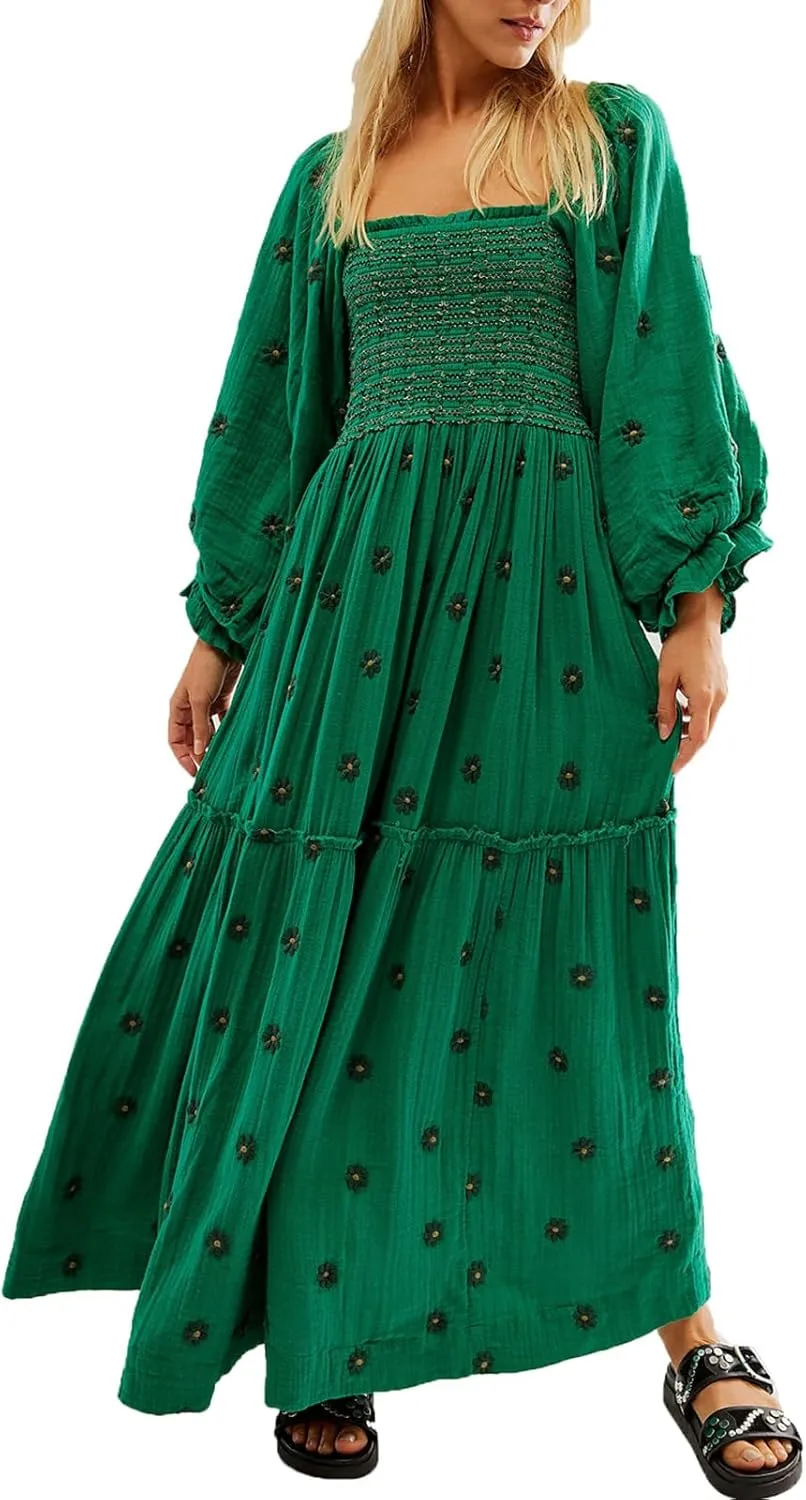 Chloefairy Women's Flower Embroidered Maxi Dress Lantern Sleeve Square Neck Tiered Flowy Spring Fall Dress