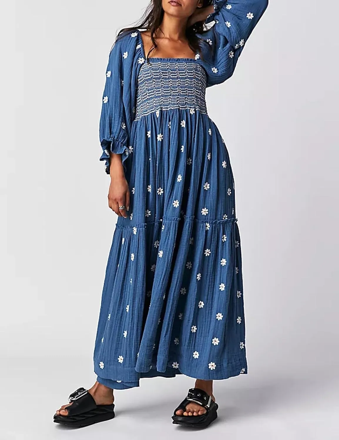 Chloefairy Women's Flower Embroidered Maxi Dress Lantern Sleeve Square Neck Tiered Flowy Spring Fall Dress