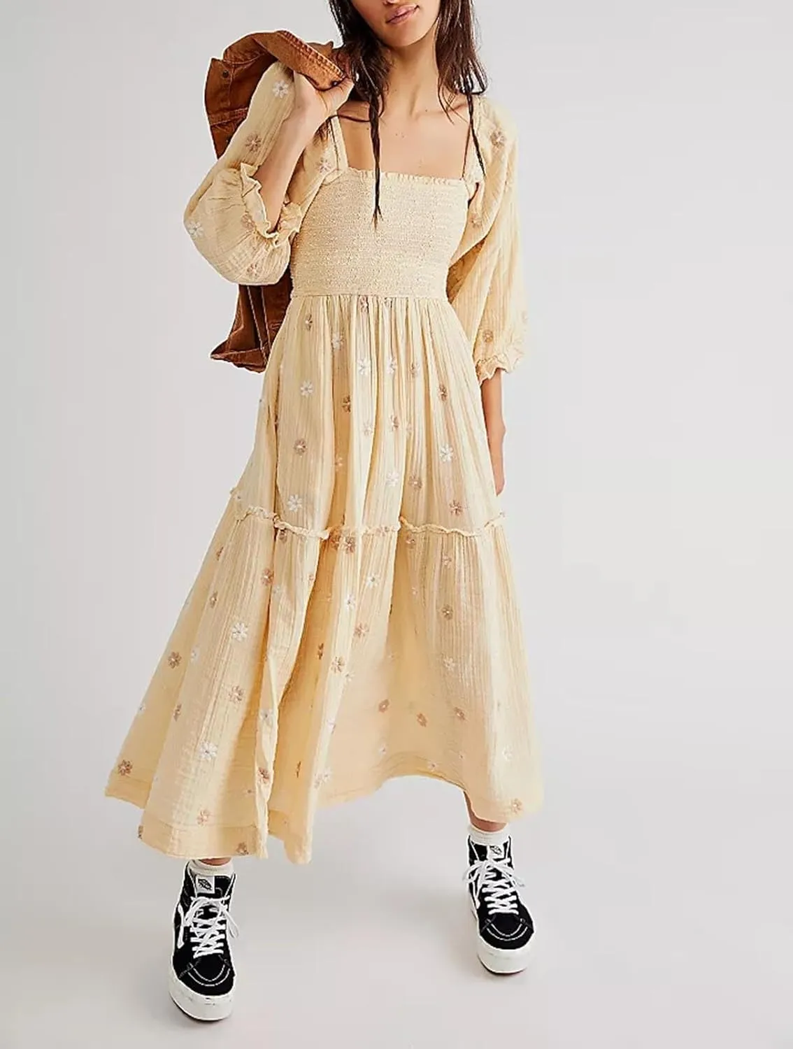 Chloefairy Women's Flower Embroidered Maxi Dress Lantern Sleeve Square Neck Tiered Flowy Spring Fall Dress