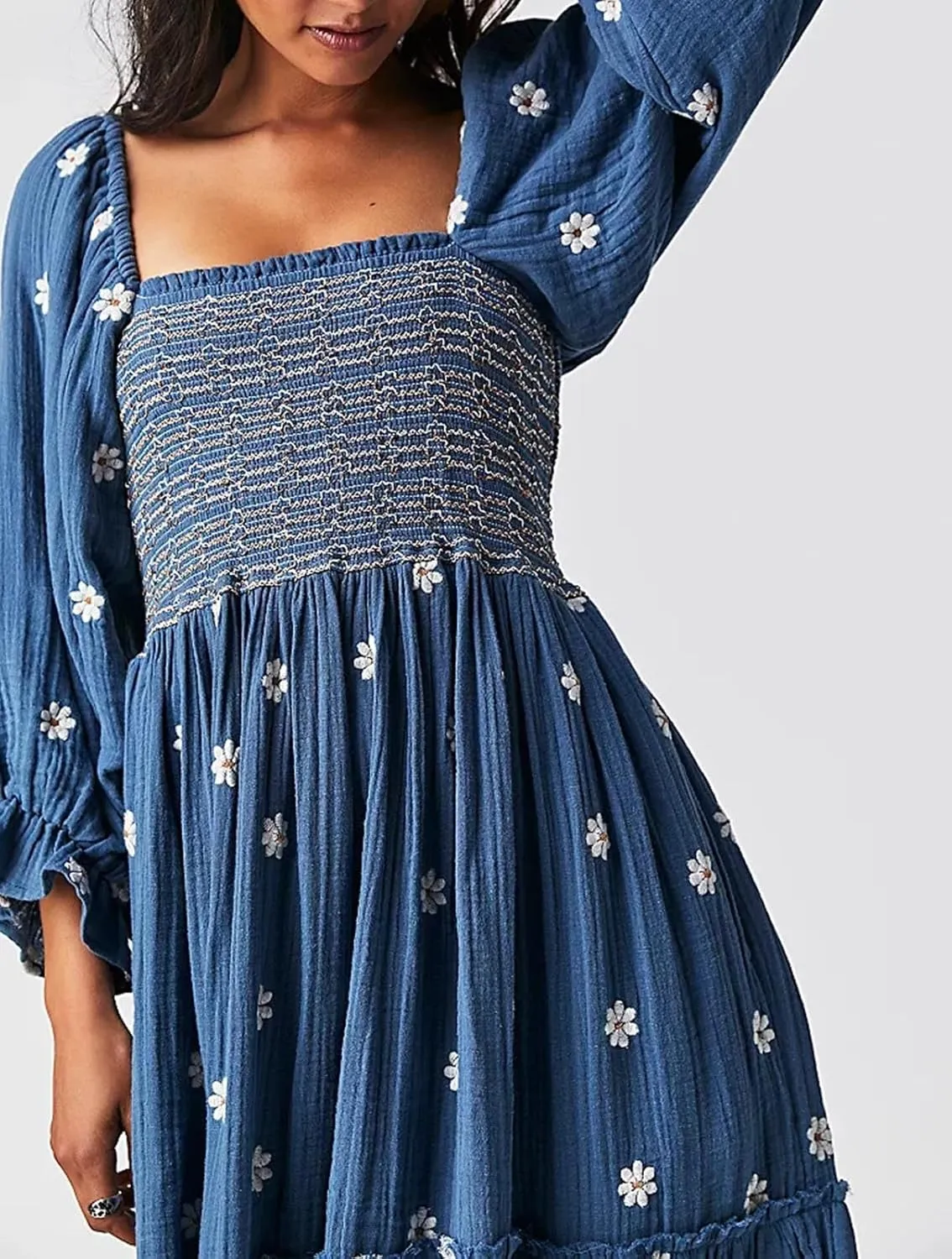 Chloefairy Women's Flower Embroidered Maxi Dress Lantern Sleeve Square Neck Tiered Flowy Spring Fall Dress