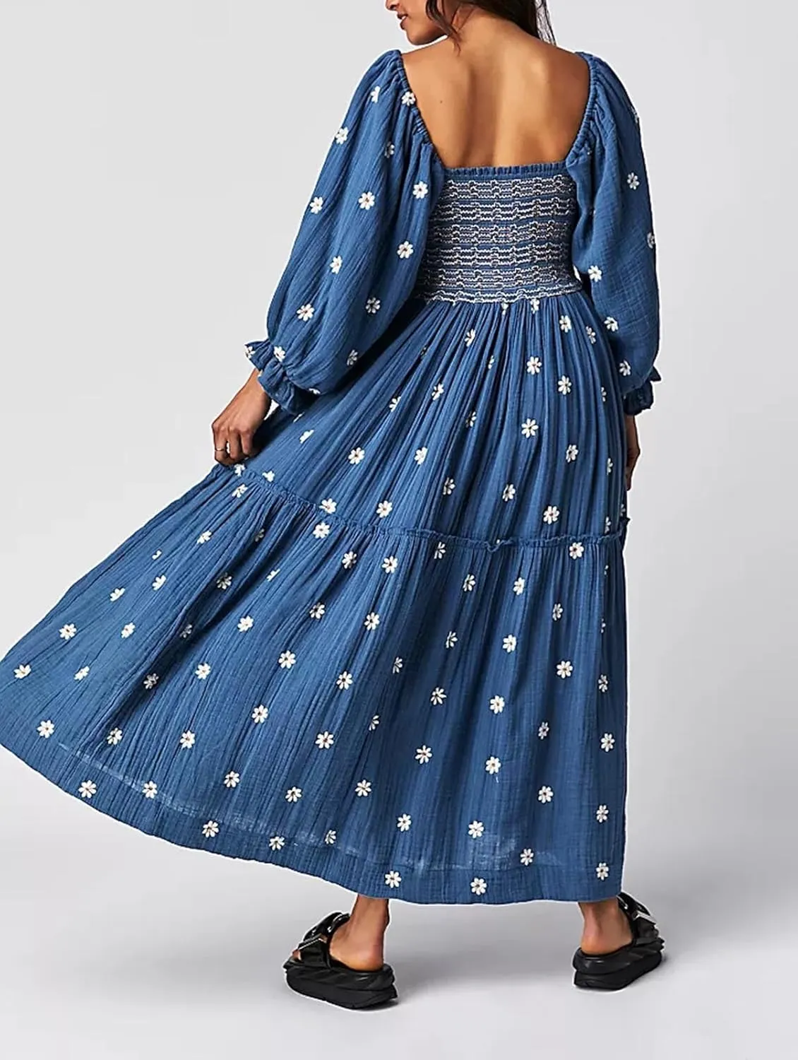 Chloefairy Women's Flower Embroidered Maxi Dress Lantern Sleeve Square Neck Tiered Flowy Spring Fall Dress