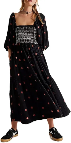 Chloefairy Women's Flower Embroidered Maxi Dress Lantern Sleeve Square Neck Tiered Flowy Spring Fall Dress
