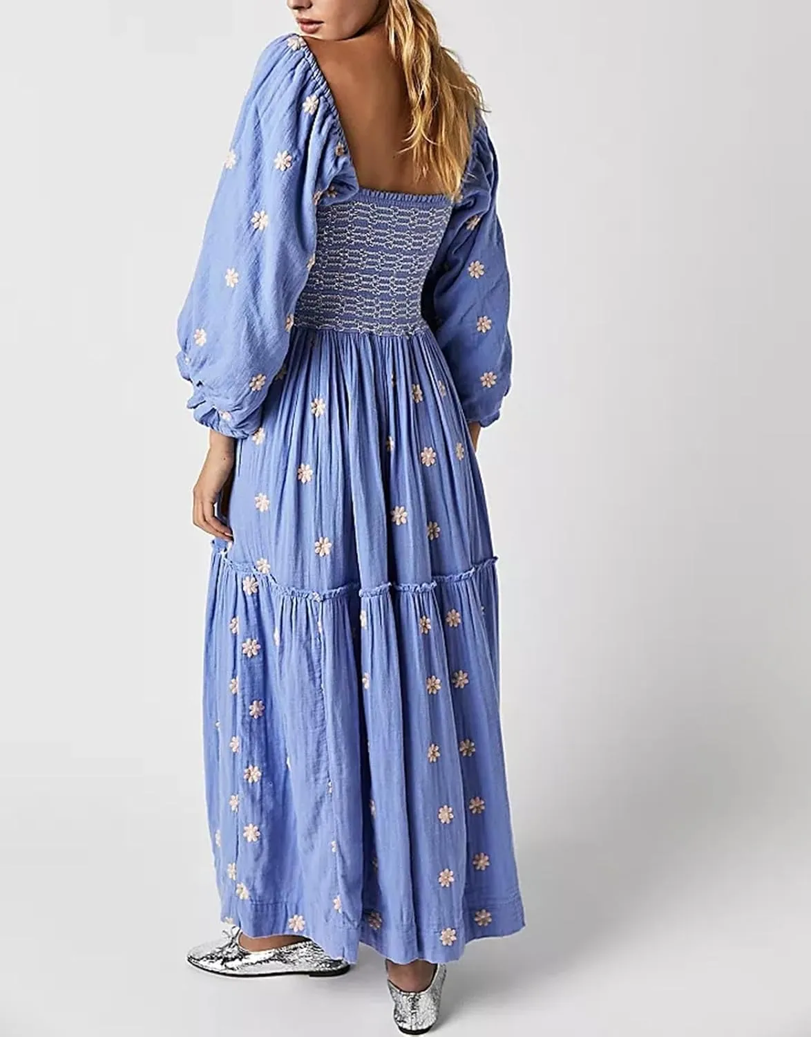 Chloefairy Women's Flower Embroidered Maxi Dress Lantern Sleeve Square Neck Tiered Flowy Spring Fall Dress