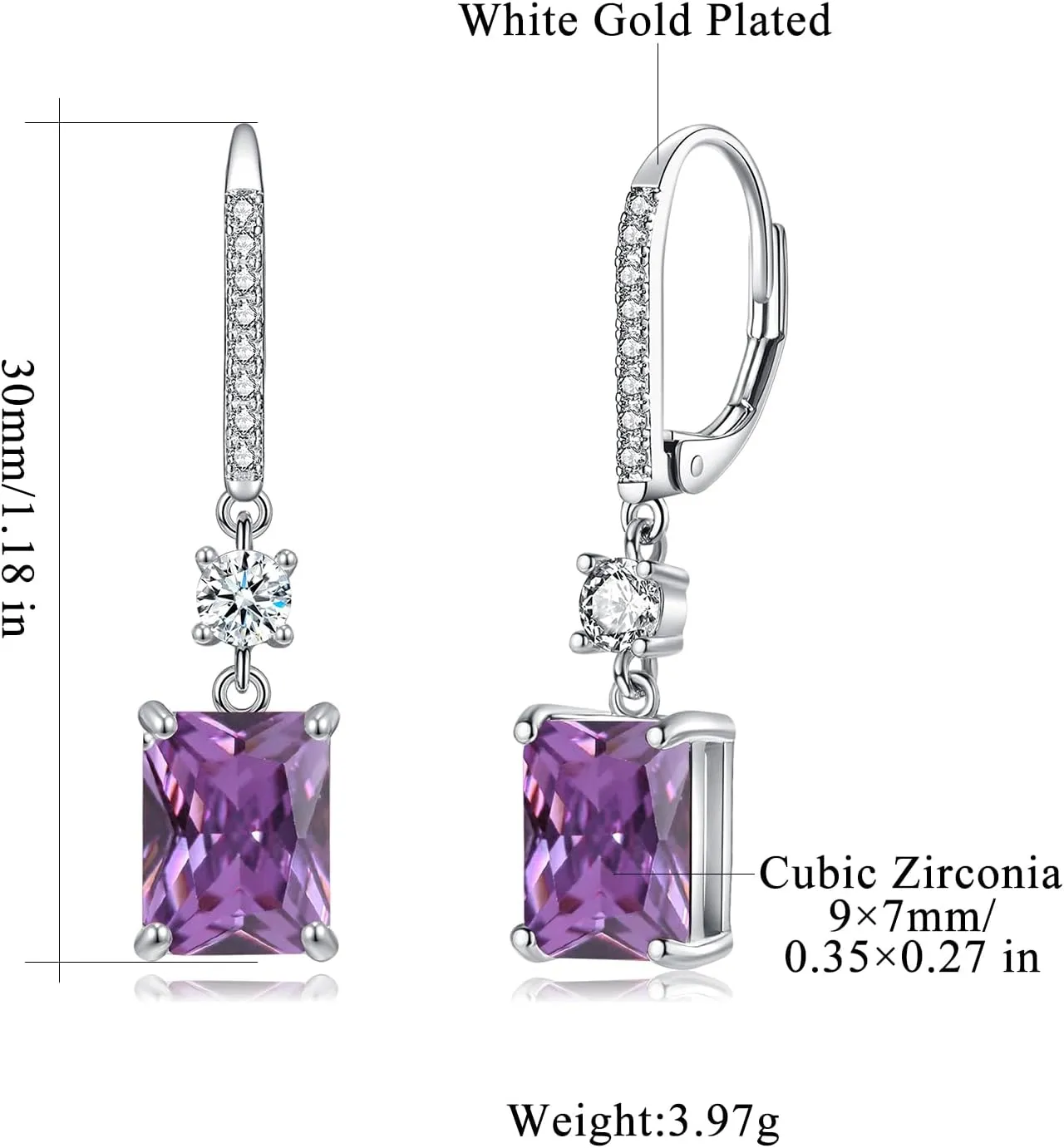 CiNily Rectangular-cut Drop Dangle Earrings for Women Hypoallergenic, Multi-color Cubic Zirconia Earrings Diamond Dangle Earrings Jewelry Gifts for Mothers Day 14K White Gold