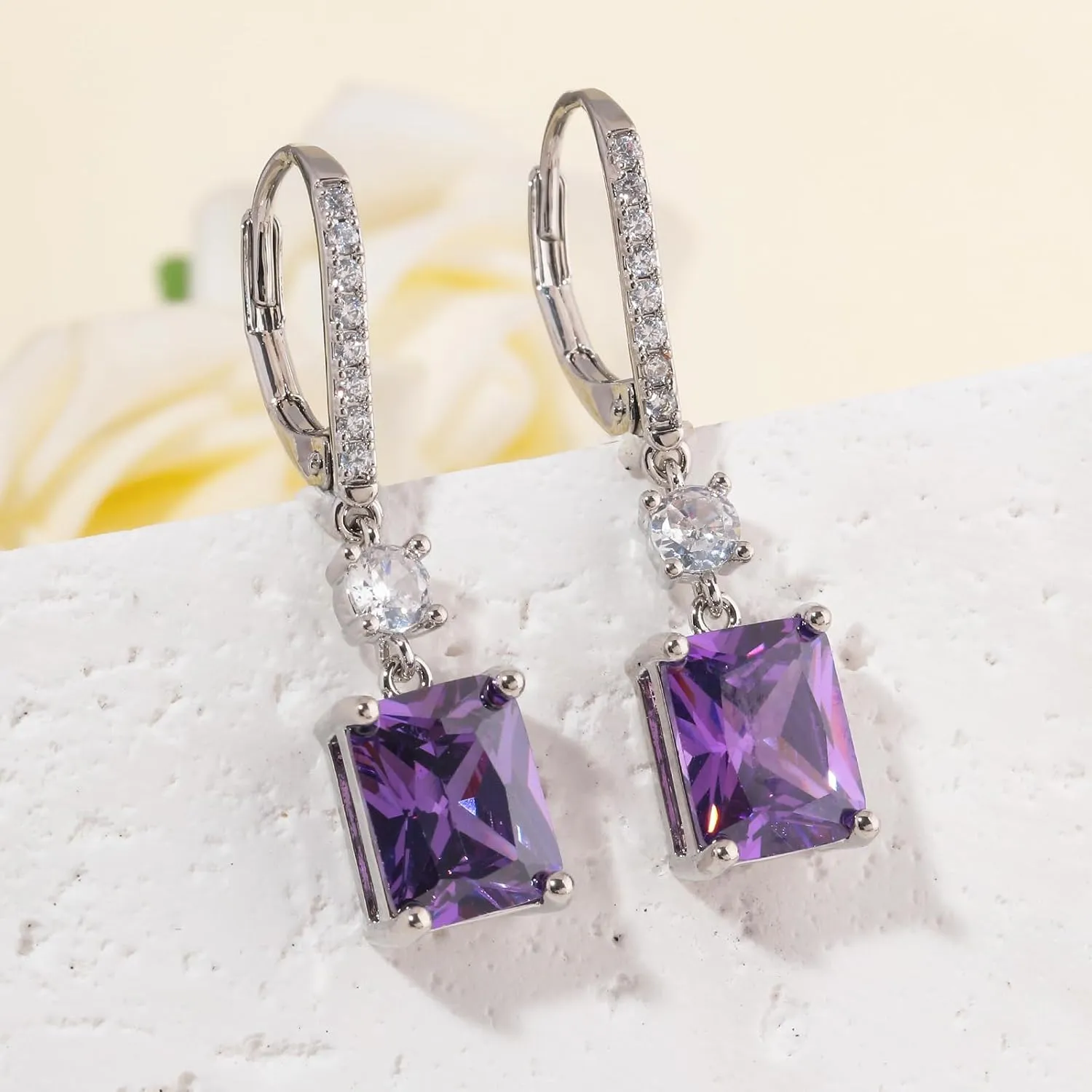 CiNily Rectangular-cut Drop Dangle Earrings for Women Hypoallergenic, Multi-color Cubic Zirconia Earrings Diamond Dangle Earrings Jewelry Gifts for Mothers Day 14K White Gold