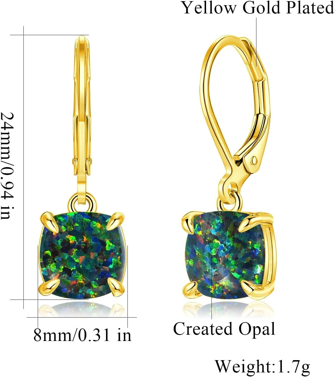 CiNily Square-Cut Opal Earrings Leverback Drop Earrings for Women Hypoallergenic, Pendant Earrings 14K White Gold/Gold Dangle Earrings Opal Hoops Birthday Wedding Mothers Day Jewelry Gifts