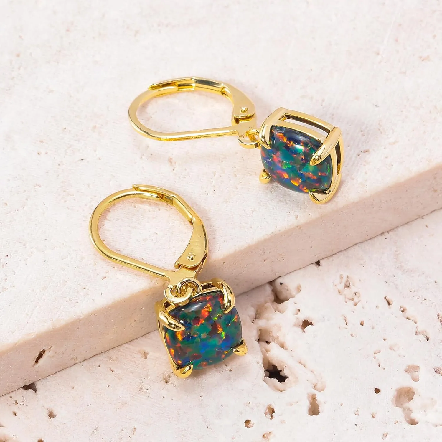 CiNily Square-Cut Opal Earrings Leverback Drop Earrings for Women Hypoallergenic, Pendant Earrings 14K White Gold/Gold Dangle Earrings Opal Hoops Birthday Wedding Mothers Day Jewelry Gifts