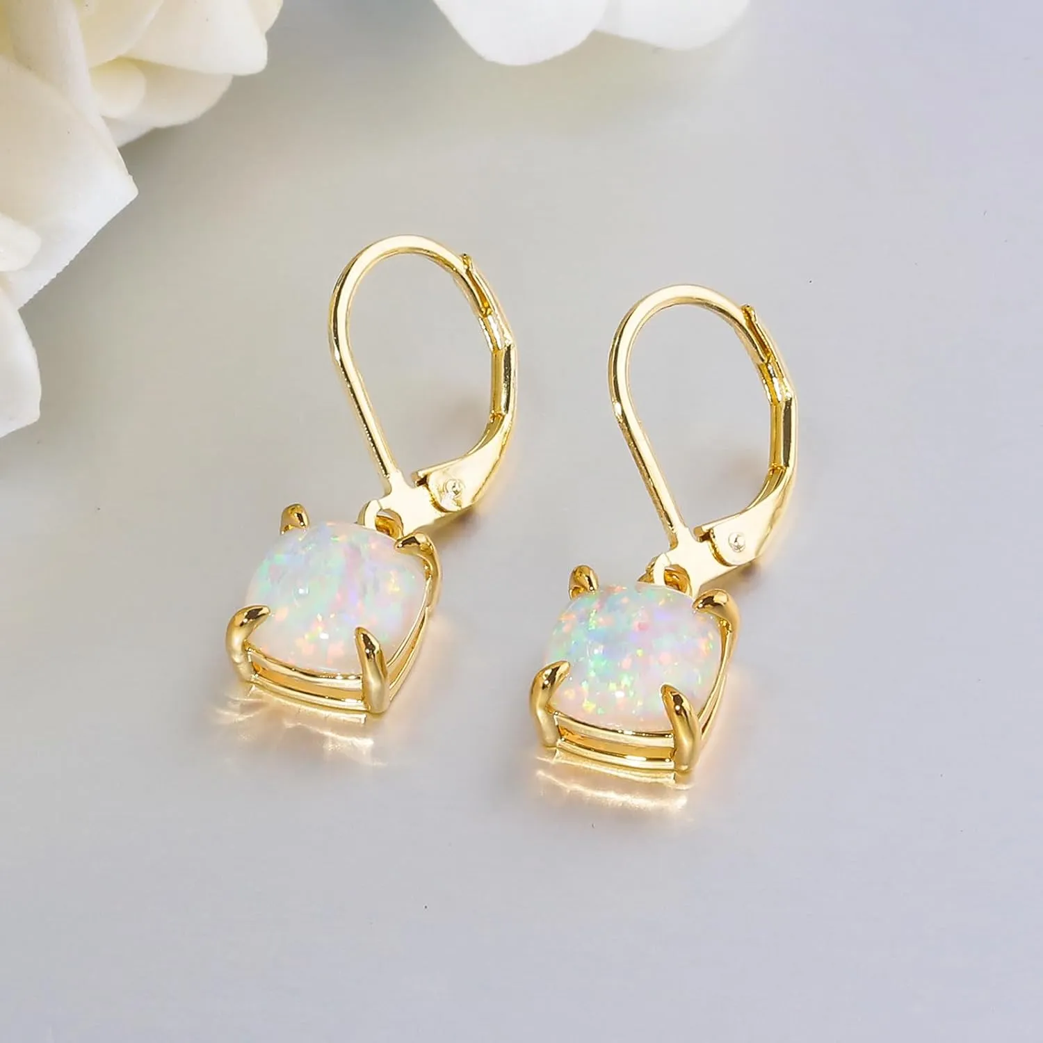 CiNily Square-Cut Opal Earrings Leverback Drop Earrings for Women Hypoallergenic, Pendant Earrings 14K White Gold/Gold Dangle Earrings Opal Hoops Birthday Wedding Mothers Day Jewelry Gifts