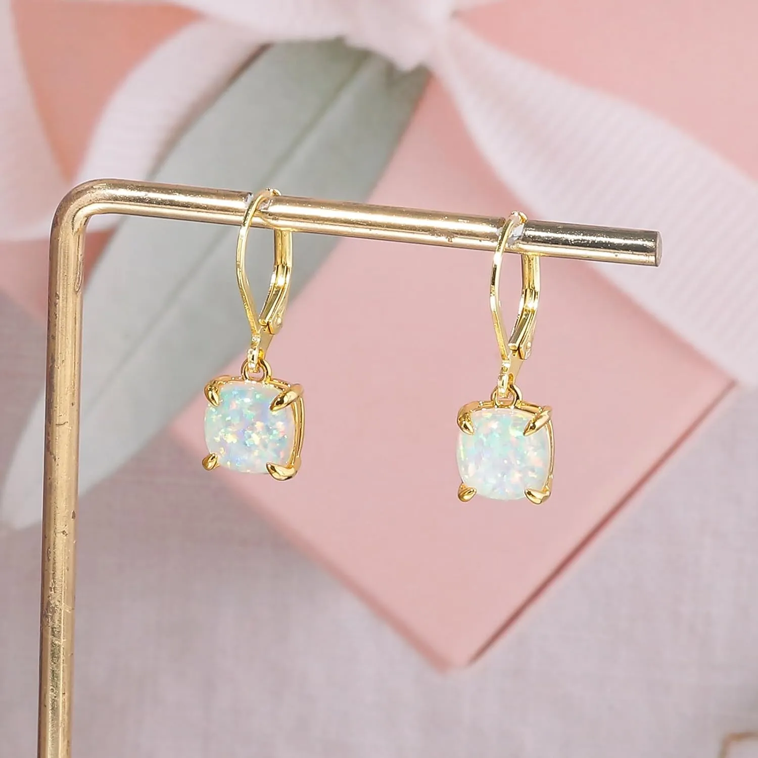CiNily Square-Cut Opal Earrings Leverback Drop Earrings for Women Hypoallergenic, Pendant Earrings 14K White Gold/Gold Dangle Earrings Opal Hoops Birthday Wedding Mothers Day Jewelry Gifts
