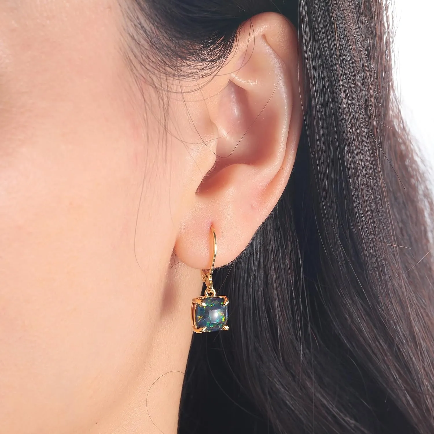 CiNily Square-Cut Opal Earrings Leverback Drop Earrings for Women Hypoallergenic, Pendant Earrings 14K White Gold/Gold Dangle Earrings Opal Hoops Birthday Wedding Mothers Day Jewelry Gifts