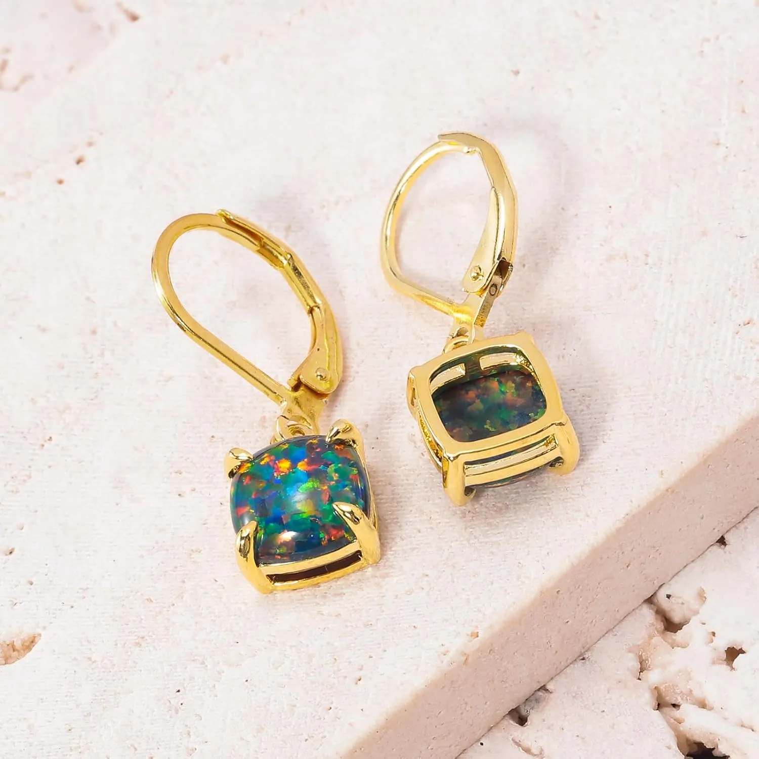 CiNily Square-Cut Opal Earrings Leverback Drop Earrings for Women Hypoallergenic, Pendant Earrings 14K White Gold/Gold Dangle Earrings Opal Hoops Birthday Wedding Mothers Day Jewelry Gifts