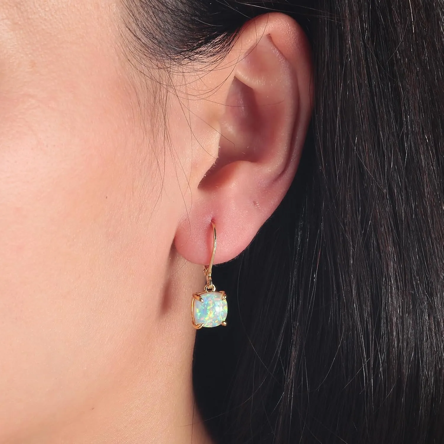CiNily Square-Cut Opal Earrings Leverback Drop Earrings for Women Hypoallergenic, Pendant Earrings 14K White Gold/Gold Dangle Earrings Opal Hoops Birthday Wedding Mothers Day Jewelry Gifts